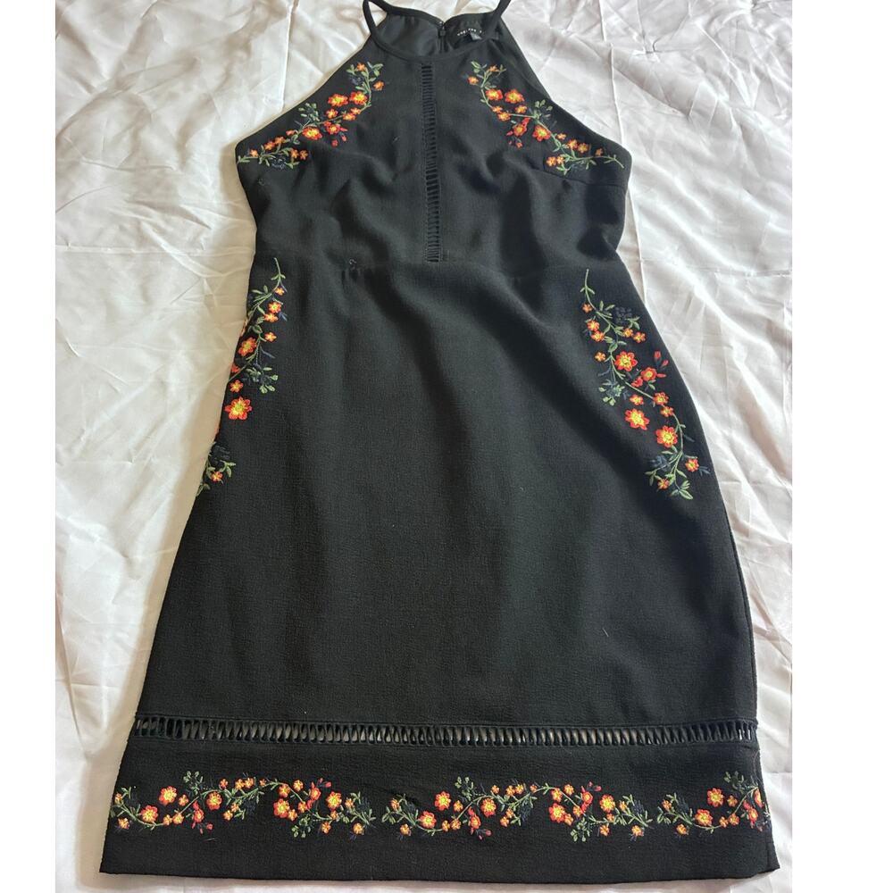 Endless Rose Black Halter Dress Floral Embroidered Sheath Women's L